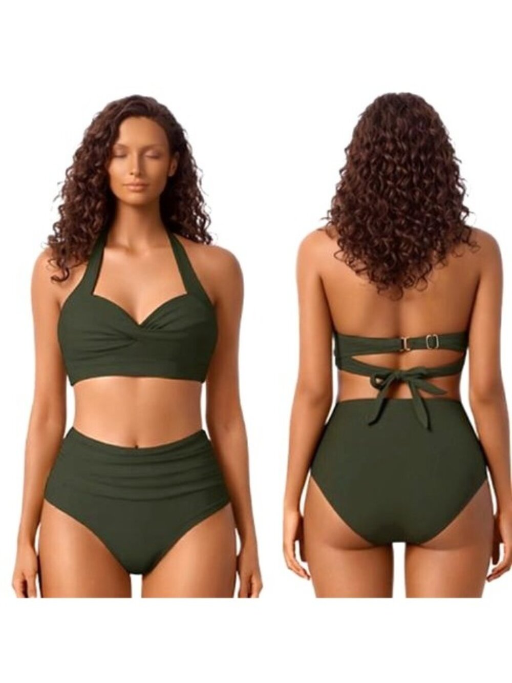 Small Tempt Me Deep Green Retro Style Halter Top High Waist Bikini  Bottom NWT